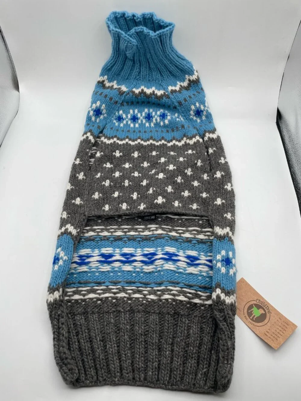 NWT Chilly Dog Light Blue Fair Isle Hand Knit Wool Dog Sweater